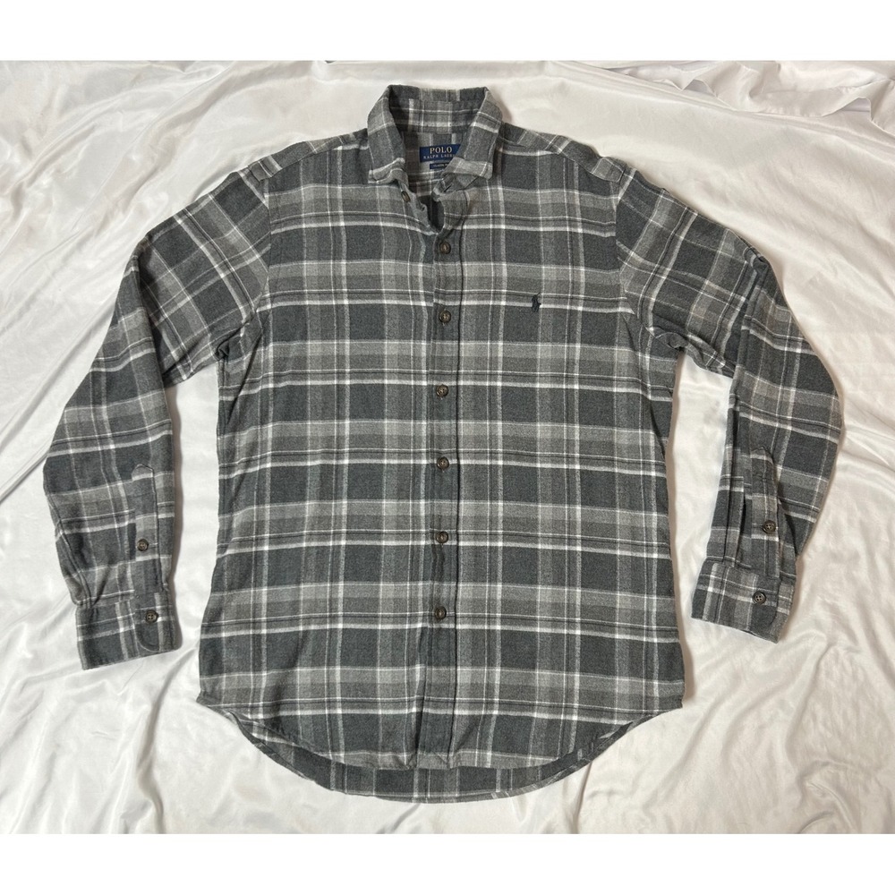 Polo Ralph Lauren Grey Plaid Flannel Shirt Classic Fit Long Sleeve Cabin Mens M